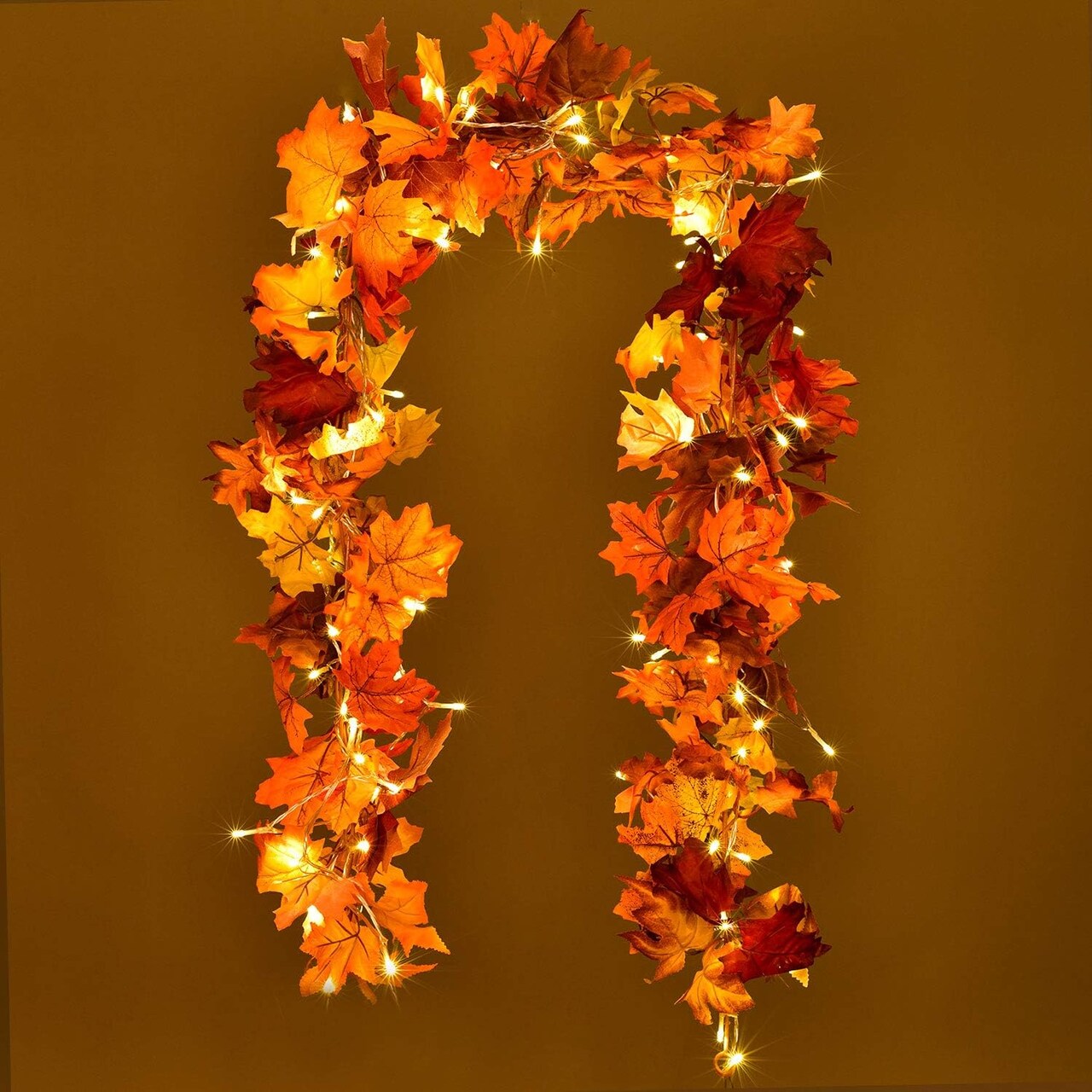 2 Pack Fall Vine Garland with 16.4Ft 40 LED String Light, 5.9Ft Maple Leaf Artificial